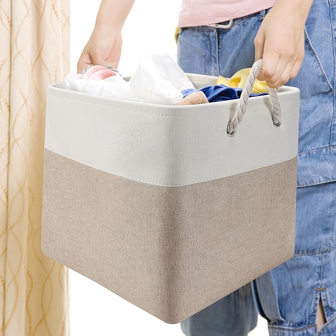 Collapsible Storage Bins, 4 Pack 11 x 11 Inch Foldable Fabric Cube Baskets with Cotton Rope Handles for Organizing Clothes, Toys, Books, Office, Closet (White&Beige-11"x11"x11")