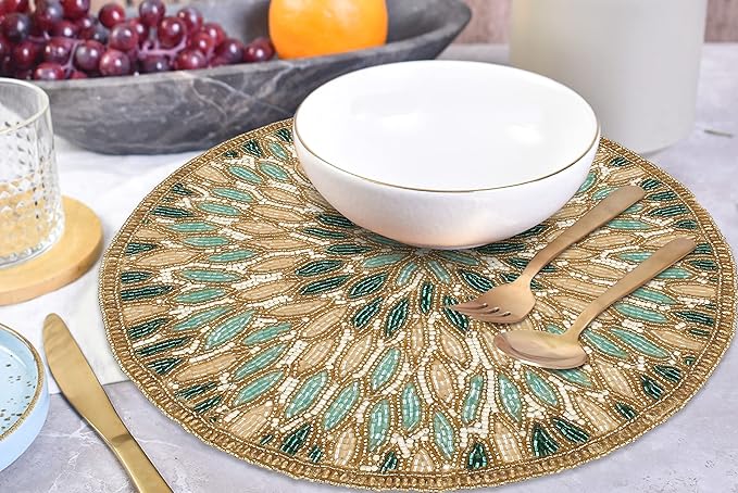Beaded Placemats – 13'' Round Floral Marigold Design in Gold & Green, Decorative Beaded Charger for Dining Table, Perfect for Holidays & Christmas Bedding Craft