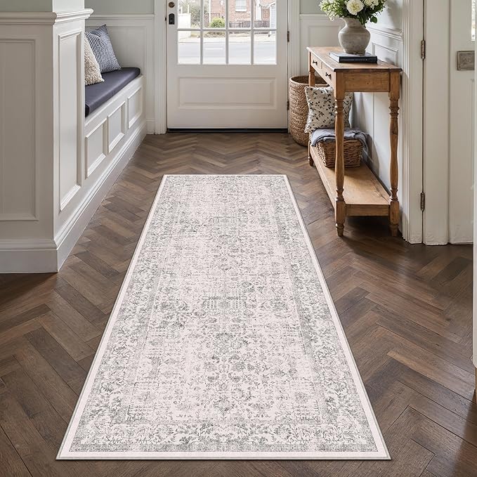 PureCozy Gray Runner Rug 2x5 Hallway Machine Washable Kitchen Vintage Distressed Non Slip Carpet Indoor Grey Retro Floral Bedroom Accent Throw Rug for Bathroom Office Laundry Dining Living Room