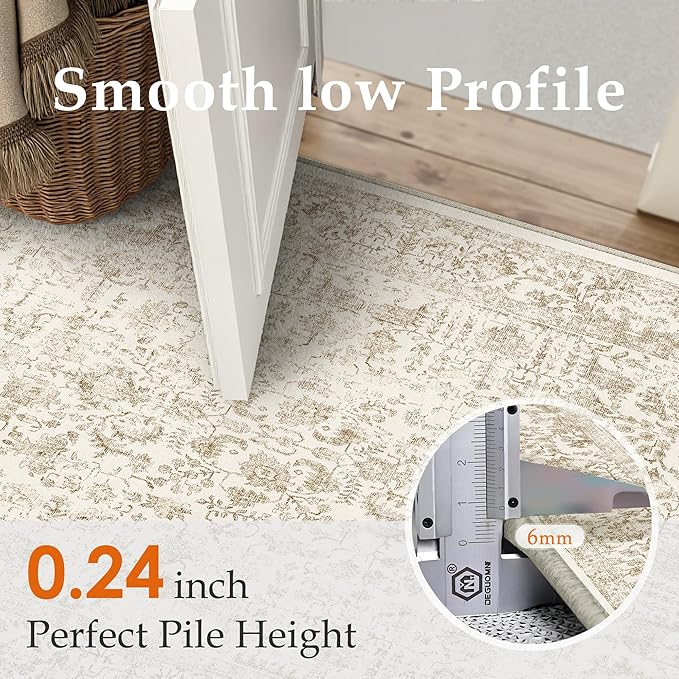 PureCozy Light Brown Area Rug 5x7 Machine Washable Vintage Living Room Distressed Non Slip Carpet Traditional Indoor Bedroom Retro Floral Accent Throw Large Rug Office Kitchen Bathroom Dining Room