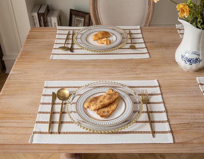 Caflife Boho Farmhouse Placemats Set of 6, Brown Stripes Cotton Linen Woven Table Mats for Modern Dining Table, 13x19 Inch Rustic Kitchen Decor Place Mats