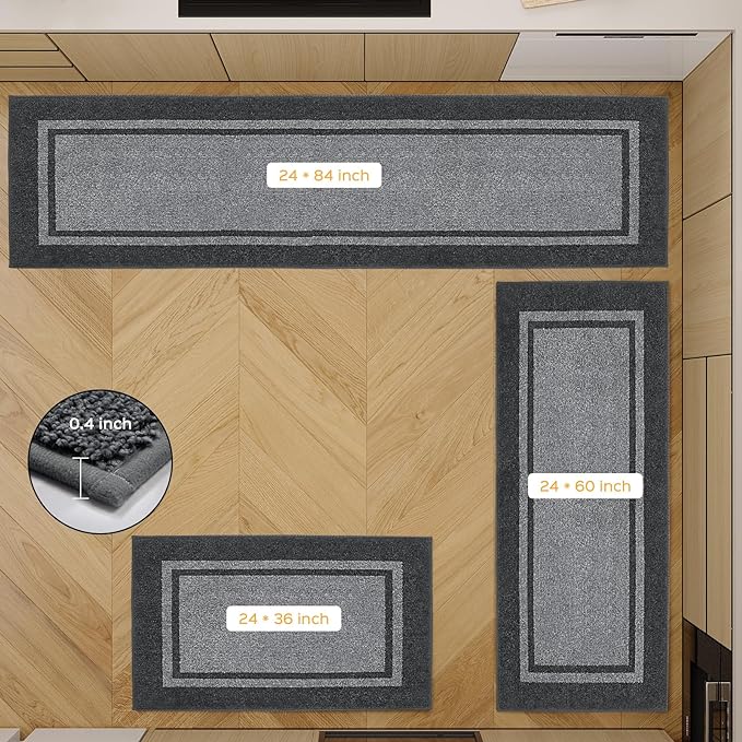 Kitchen Rugs 24" x 84", Non-Slip Machine Washable Kitchen Runner Rugs Floor Mats, Absorbent Comfort Standing Mats for Kitchen, Sink, Laundry and Hallway, Rolled Packaging, Light Grey & Dark Grey