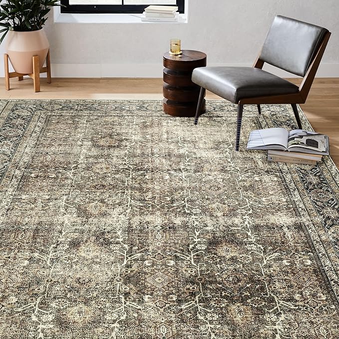 PureCozy Vintage Area Rug 3x4 Brown Entryway Office Washable Carpet Non Slip Bedroom Indoor Living Room Door Mat Low Pile Traditional Distressed Retro Accent Rug for Dining Room Bathroom Kitchen