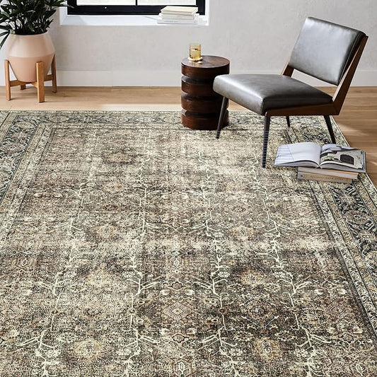 PureCozy Vintage Area Rug 3x5 Brown Entryway Office Washable Carpet Non Slip Bedroom Indoor Living Room Door Mat Low Pile Traditional Distressed Retro Accent Rug for Dining Room Bathroom Kitchen