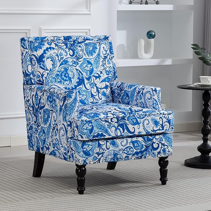 Yogald Vintage Accent Armchair, Mid Century Corner Chair with Nail-Head Trim, Comfy Upholstered Reading Chair, Mediterranean Chair for Living Room Bedroom Guest Room(Blue-and-White Porcelain Blue)