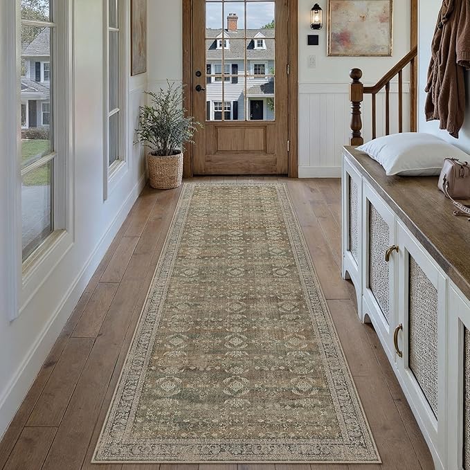 PureCozy 2x8 Brown Area Rug Runners for Hallways Washable Vintage Distressed Carpet Low Pile Non Slip Indoor Retro Soft Long Accent Rug Bedroom Kitchen Bathroom Laundry Dining Living Room