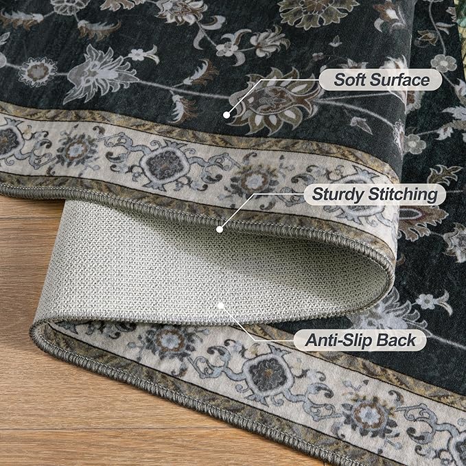Tangsoo 2.6x8 Hallway Runner Rug, Floral Vintage Washable Non-Slip Runner Rug for Hallway Entryway Indoor, Black Print Carpet,Soft Low Pile Long for Kitchen Bedroom