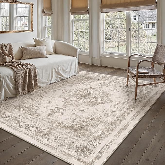 PureCozy Area Rug 5x7 Beige Washable Living Room Carpet Non Slip Vintage Medallion Low Pile Soft Indoor Bedroom Retro Distressed Indoor Rug for Kitchen Home Office Laundry Dining Room