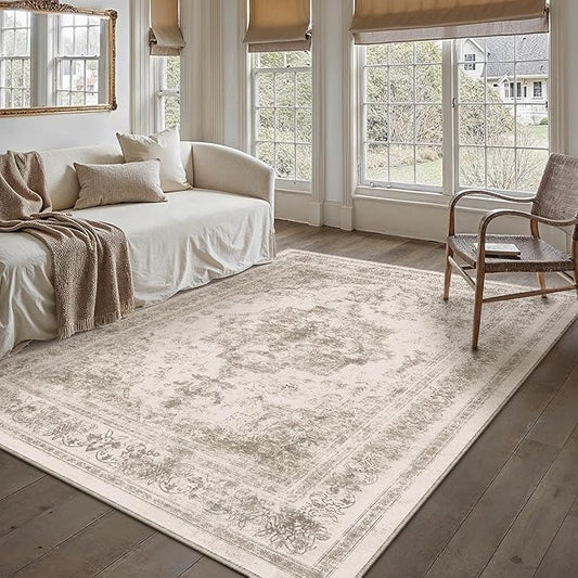 PureCozy Area Rug 6x9 Beige Washable Living Room Carpet Non Slip Vintage Medallion Indoor Bedroom Carpet Low Pile Soft Retro Distressed Large Rug Home Office Dining Room Playroom