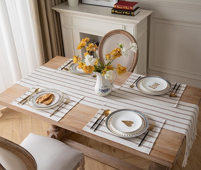 Caflife Boho Farmhouse Placemats Set of 6, Taupe Stripes Cotton Linen Woven Table Mats for Modern Dining Table, 13x19 Inch Rustic Kitchen Decor Place Mats