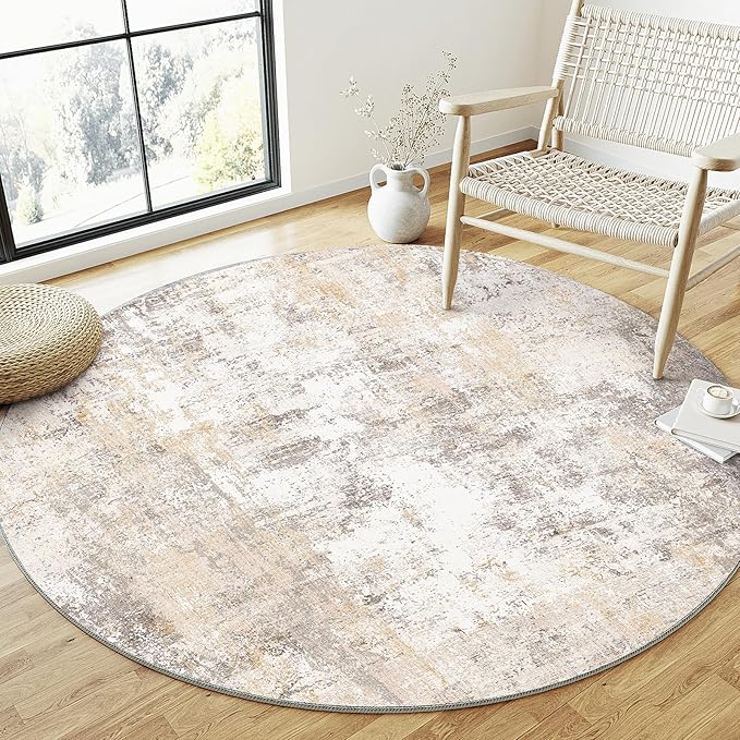 WondRg 4x4 Washable Round Rug Beige Grey Abstract Entryway Area Rug Neutral Modern Non Slip Soft Low Pile Carpet for Bathroom Kitchen Living Room Bedroom Entrance