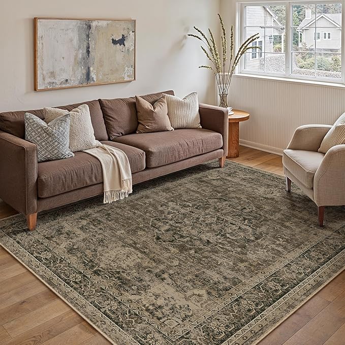 PureCozy Entryway Area Rug 3x5 Washable Brown Vintage Distressed Carpet Oriental Soft Thin Indoor Rug for Office Non Slip Low Pile Throw Rug for Kitchen Bathroom Bedroom Dining Living Room