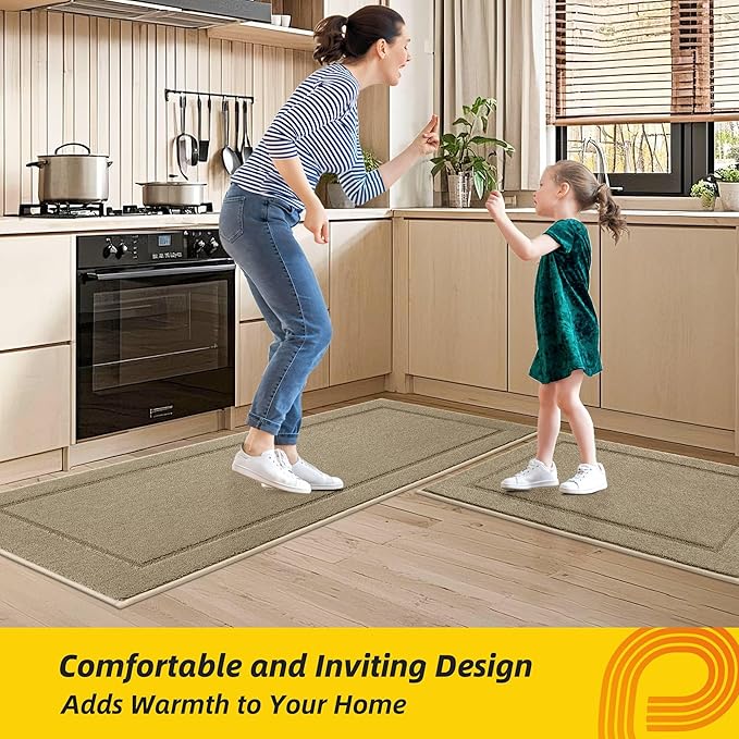 JSEI Non-Slip Kitchen Mats, Self Adhesive No Sliding Kitchen Rugs Set of 2, Washable Absorbent Floor Mat for Kitchen, Bathroom, Laundry Room, Bedroom, 24”x36”+24”x60”, Beige, Rectangular Pattern