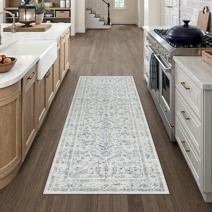 PureCozy Blue 2x6 Runner Rug Vintage Area Carpet Hallway Indoor Kitchen Washable Low Pile Traditional Distressed Retro Accent Throw Rug Non Slip for Laundry Bathroom Office