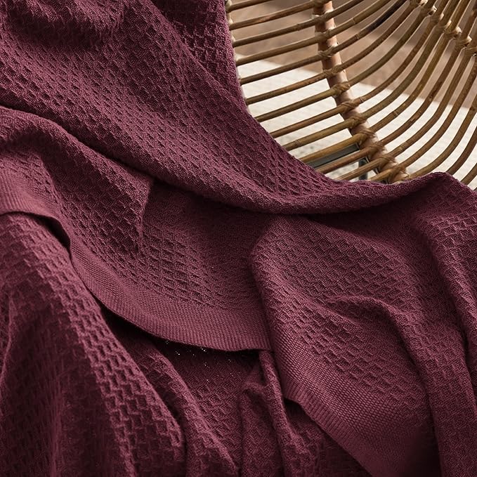 Bedsure Gentlesoft 100% Cotton Blanket Queen Size for Bed - Breathable and Soft for Spring Summer, Thick Cozy Waffle Weave Blanket Gifts for Women, Burgundy, 90x90 Inches