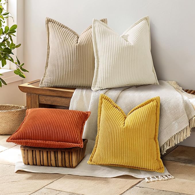 decorUhome Spring Corduroy Cream White Euro Sham Throw Pillow Covers 22x22 Set of 2 Decorative Soft Boho Farmhouse Couch Pillow Covers for Living Room Bed Sofa Broadside Striped Pillow Cases