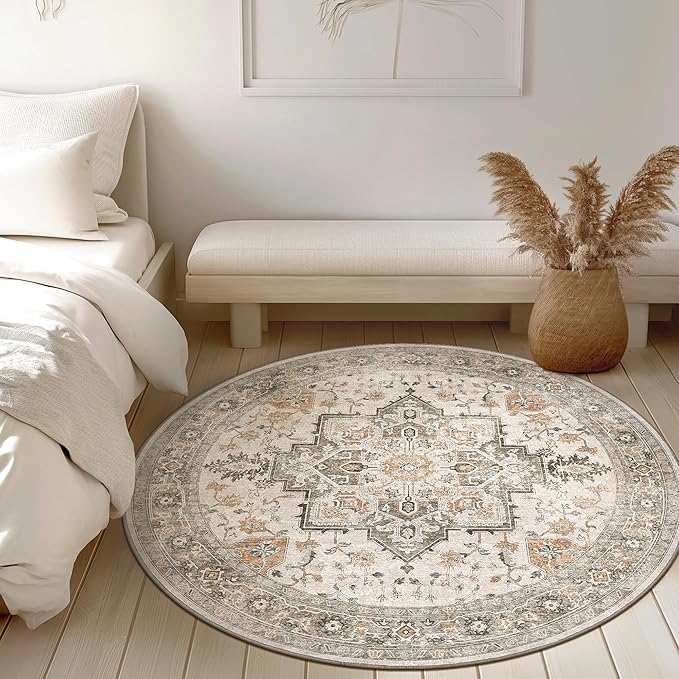 GENIMO 3FT Round Area Rugs for Living Room, Circle Rugs Machine Washable Low Pile, Chenille Non Slip Vintage Rug for Bedroom, Dining Room, Home Office, Light Taupe Brown