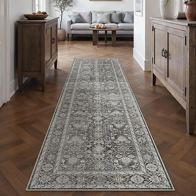 PureCozy Black Runner Rug 2x8 Vintage Area Carpet Hallway Long Indoor Kitchen Washable Living Room Low Pile Traditional Distressed Retro Accent Throw Rug Non Slip Laundry Bathroom Office Dining Room