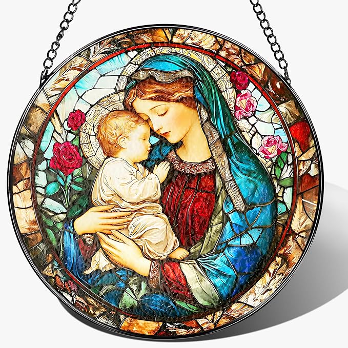 8 Inch Virgin Mary Stained Glass Suncatcher, Stained Glass Window Hanging, Christian Window Hanging Decor, Suncatchers for Windows Door Home Decor and Christmas, Christian Gift, Religious Gift