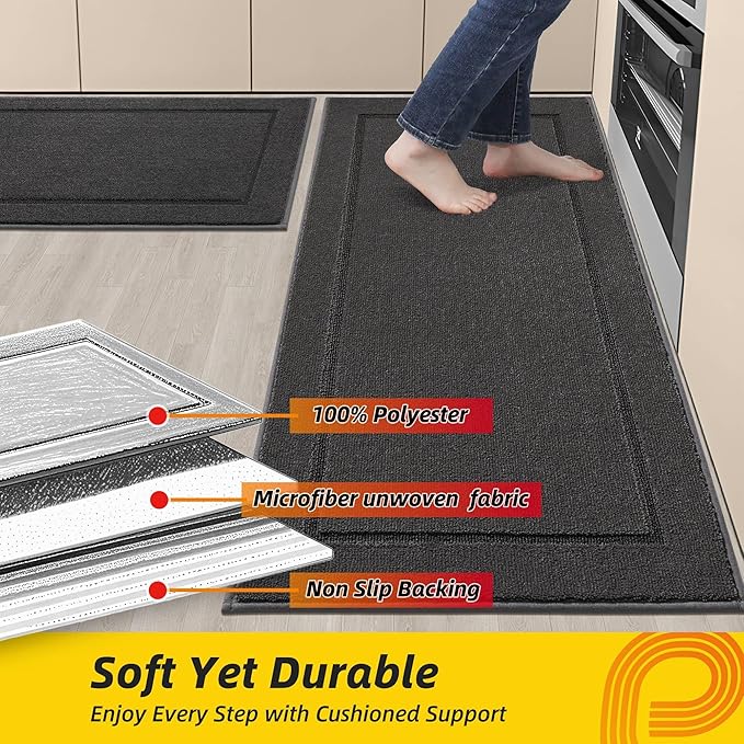 JSEI Non-Slip Kitchen Mats, Self Adhesive No Sliding Kitchen Rugs Set of 2, Washable Absorbent Floor Mat for Kitchen, Bathroom, Laundry Room, Bedroom, 24”x36”+24”x60”, Dark Grey, Rectangular Pattern