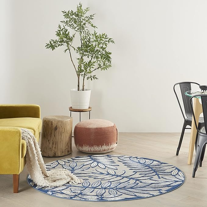 Nourison Home Aloha Ivory Navy 4' x Round Area Rug - Easy Clean, Non Shedding, Bed Room, Living Room, Dining Room, Kitchen (4' x Round)