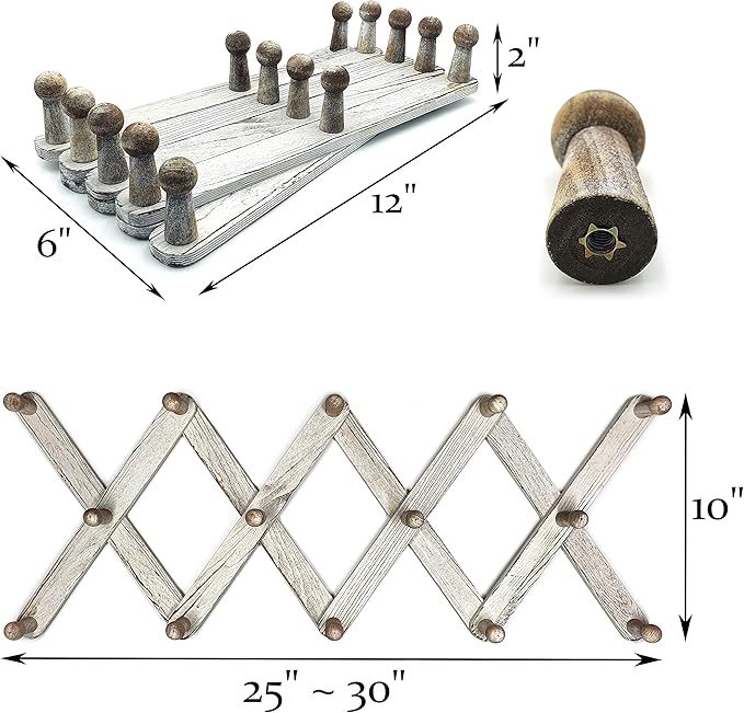 Expandable Wooden Coat Rack Hanger – Accordion Wall Mounted Pine Wood Hooks – Hand Made Vintage Expending Pegs – Hang Coat, Jacket, Hat, Leash, Towel, Mug, Bag – Distressed White
