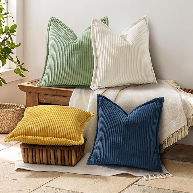 decorUhome Spring Corduroy Navy Blue Euro Sham Throw Pillow Covers 24x24 Set of 2 Decorative Soft Boho Farmhouse Couch Pillow Covers for Living Room Bed Sofa Broadside Striped Pillow Cases