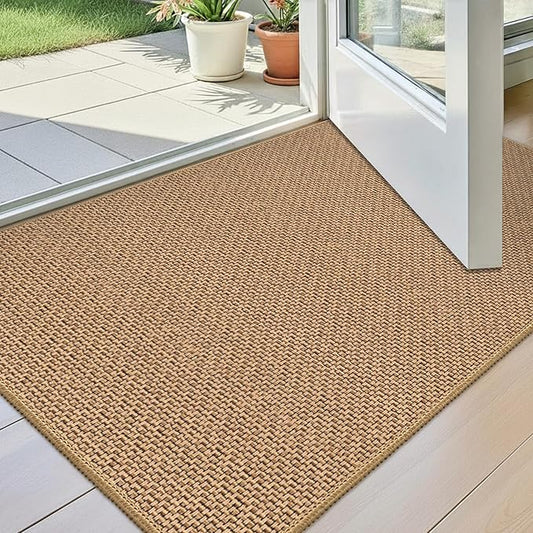 StepAura Indoor Ultra Thin Door Mat 24"x36", Low Profile Non Slip Rubber Backing Front Door Mat Indoor Entrance, Beige