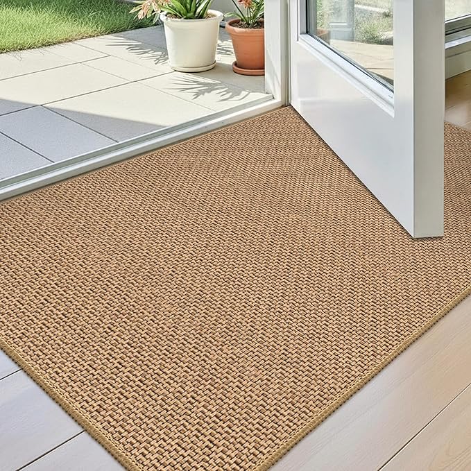 StepAura Indoor Ultra Thin Door Mat 32"x48", Low Profile Non Slip Rubber Backing Front Door Mat Indoor Entrance, Beige