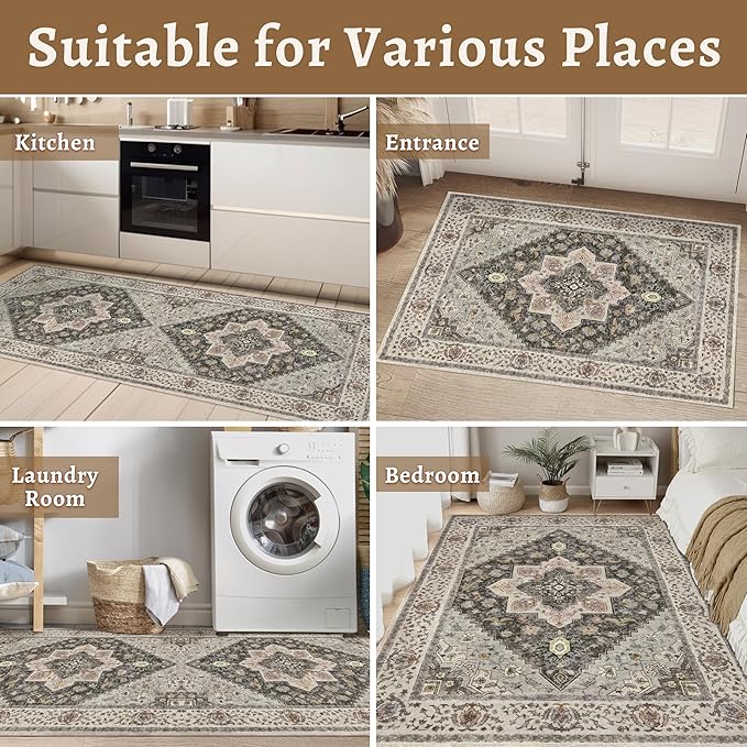 Tangsoo 3x5 Area Rug Vintage Washable Rugs Non Slip, Farmhouse Rugs Indoor Accent Rug Print Distressed Grey Carpet, Soft Low Pile Rug for Living Room Bedside Entryway Bedroom