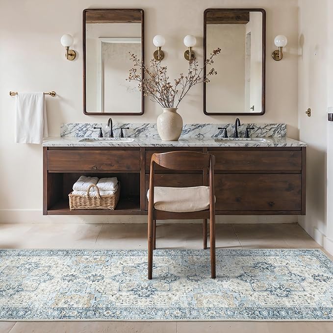 BESBLEE Runner Rug 2'6''x8, Non Slip Vintage Hallway Runner Rugs, Low Pile Lightweight Machine Washable Mat for Hallway, Entryway, Bedroom, Kitchen and Corridor, Blue