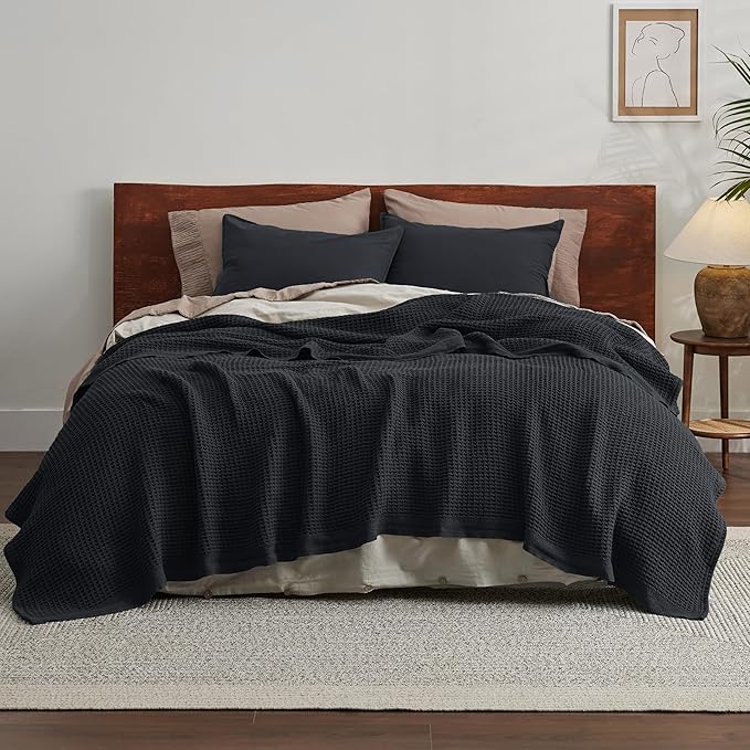 Bedsure Gentlesoft 100% Cotton Blanket King Size for Bed - Breathable and Soft for Spring Summer, Thick Cozy Waffle Weave Blanket Gifts for Women, Black, 104x90 inches