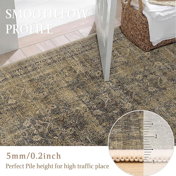 PureCozy 5x7 Brown Black Area Rug for Living Room Washable Vintage Distressed Carpet Bedroom Low Pile Non Slip Indoor Soft Retro Throw Accent Rug Office Kitchen Bathroom Dining Room