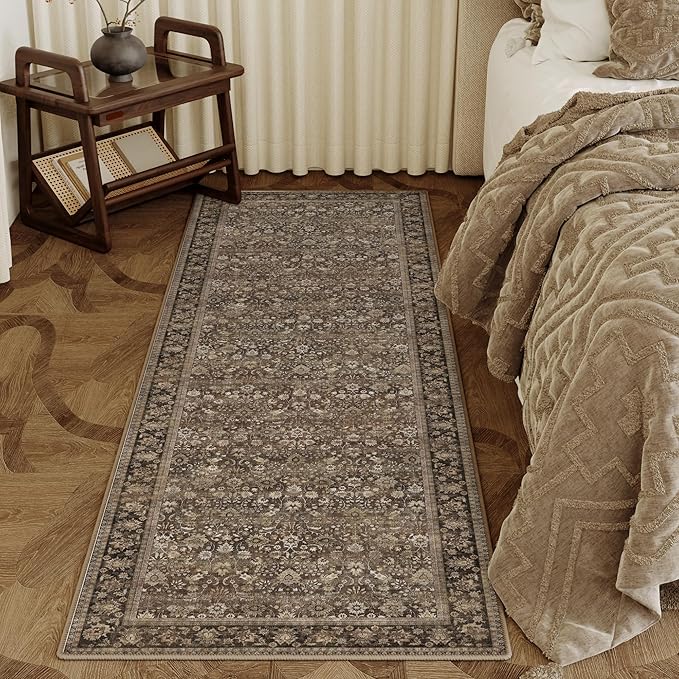 HUGEAR 2x5 Runner Rug Machine Washable Brown Hallway Area Rugs Indoor Accent Rugs Floral Low Pile Carpet Distressed Throw Rug Bedroom Living Room Office Dining Kitchen Laundry Non Slip