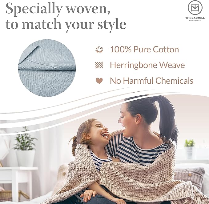 Threadmill Vanilla Cream 100% Combed Cotton King Size Blanket, All-Season Soft Breathable Light Weight Herringbone Throw