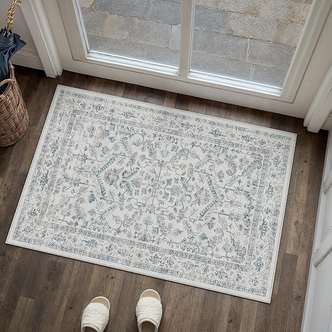 PureCozy Blue 2x3 Entryway Rug Vintage Area Carpet Indoor Kitchen Washable Door Mat Entrance Small Low Pile Traditional Distressed Retro Accent Throw Rug Non Slip Office Bathroom