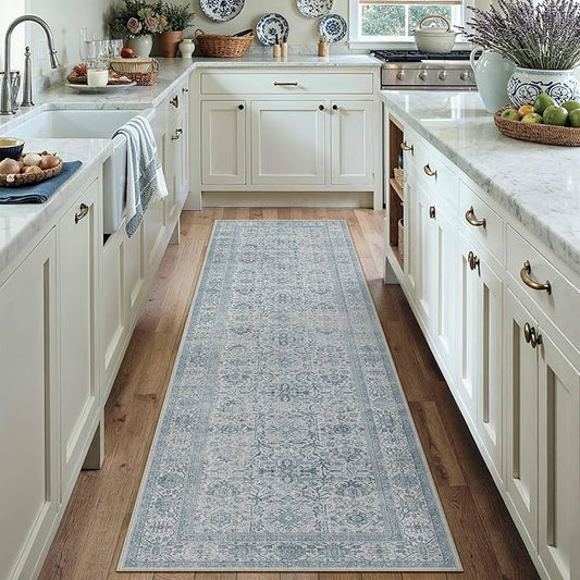 PureCozy Blue Runner Rug 2x8 Hallway Washable Carpet Soft Vintage Indoor Kitchen Non Slip Bedroom Traditional Retro Distressed Thicker Throw Long Rug Bathroom Laundry Entryway Office Dining Room