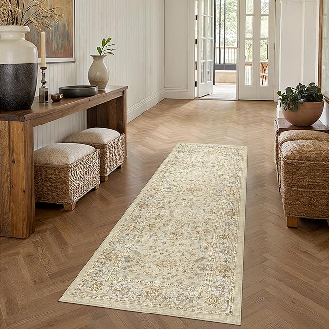 PureCozy 2x6 Beige Runner Rug Vintage Area Carpet Hallway Indoor Kitchen Washable Low Pile Traditional Distressed Retro Accent Throw Boho Rug Non Slip for Laundry Bathroom Office