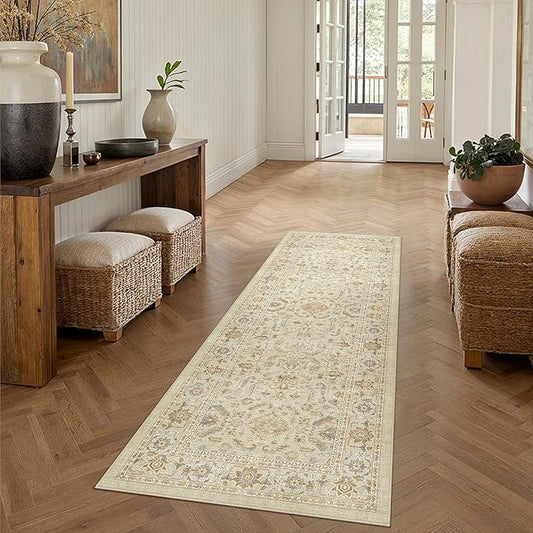 PureCozy 2x6 Beige Runner Rug Vintage Area Carpet Hallway Indoor Kitchen Washable Low Pile Traditional Distressed Retro Accent Throw Boho Rug Non Slip for Laundry Bathroom Office