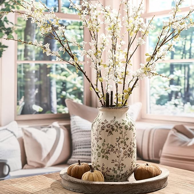 SIDUCAL Ceramic Vintage Pastoral Vase, 8.78 Inch Chinoiserie Floral Vase, Retro Ice Cracked Rustic Farmhouse Vases for Home Decor, Living Room, Bookshelf, Office, Tuscan Decor, Green and Brown Floral