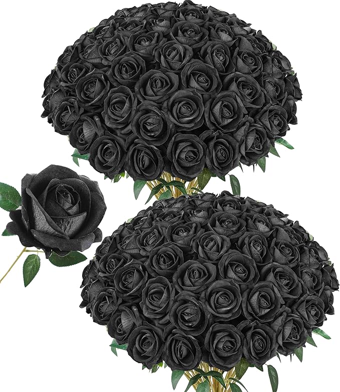 50 PCS Black Roses Artificial Flowers, Fake Roses with Stem Realistic Silk Roses for DIY Wedding Bouquets Table Centerpieces Arrangements Baby Shower Birthday Home Decor Valentine's Day Gift for Her