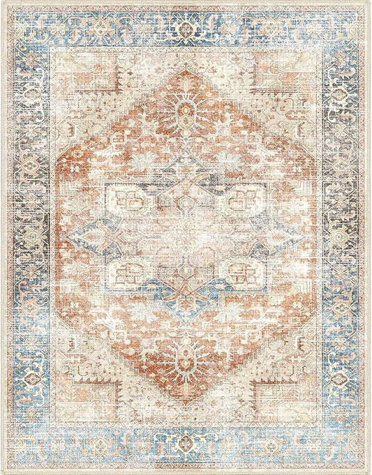 Fortsea Area Rugs 7X9 for Living Room, Machine Washable Non Slip Vintage Retro Rugs, Low Pile Lightweight Faux Wool Print Rug for Bedroom, Dining Room, Home Office (7X9 Terracotta/Sky)