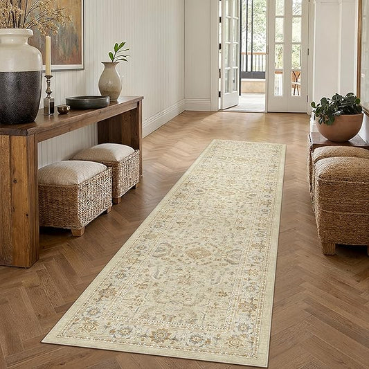 PureCozy 2x8 Beige Runner Rug Vintage Area Carpet Hallway Indoor Kitchen Washable Low Pile Traditional Distressed Retro Accent Throw Boho Rug Non Slip for Laundry Bathroom Office