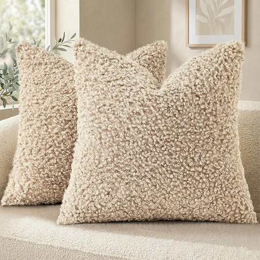decorUhome Pack of 2 Throw Pillow Covers 24x24 Inch, Faux Fur Decorative Sherpa Pillow Covers Fuzzy Accent Soft Sheepskin Fleece Pillow Cases for Couch Living Room Bed, Neutral Oatmeal