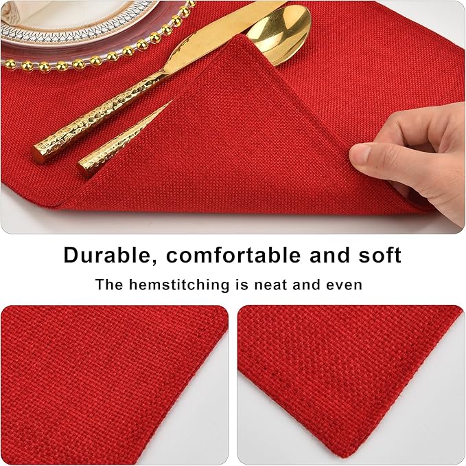 SLKQG Christmas Red Linen Fabric Placemats Set of 8, Heat Resistant & Machine Washable Double-Layered Cloth Placemats for Dining Table, Indoor/Outdoor Use, Non-Slip Kitchen Table Mats (8, Bright Red)