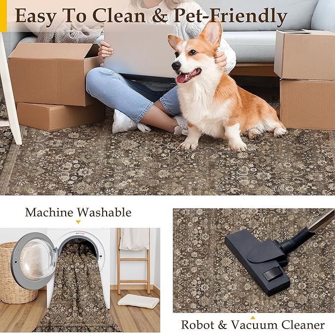 HUGEAR 2'6''x10 Runner Rug Machine Washable Brown Hallway Area Rug Indoor Accent Rug Floral Low Pile Carpet Soft Throw Rug Bedroom Living Room Office Dining Room Kitchen Laundry Room Non Slip