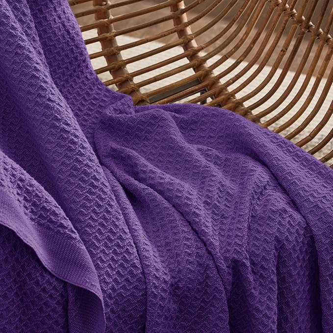 Bedsure Gentlesoft 100% Cotton Large Throw Blanket for Couch 50x70 inches - Breathable and Soft for Spring Summer, Waffle Weave Throw Blanket for Office, Purple