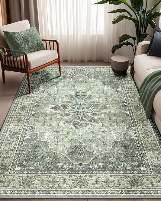 RELEANY Area Rugs 5'x7' Washable Non-Slip, Floral Vintage Distress Print Pattern Medallion Carpet for Living Room Bedroom Dining Room, Dark Green Gray