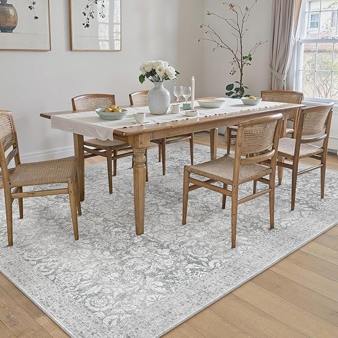 PureCozy Gray 5x7 Area Rug Washable Vintage Living Room Non Slip Carpet Low Plie Soft Indoor Bedroom Retro Grey Accent Throw Large Rug for Office Kitchen Dining Room