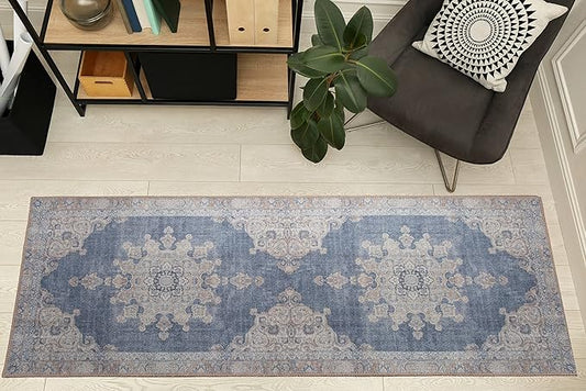 RugOver Machine Washable Area Rug, Pet-Friendly and Non-Slip Indoor Carpet for Kitchen, Bathroom, Living Room, Home Floor Decoration(Blue Jean/Peanut, 2'6" x 6'6")